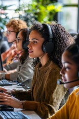 Multiethnic customer service representatives assisting customers in a bright office