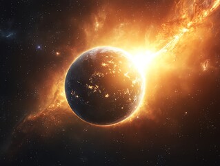 Earth cradled in an orbital embrace, Sun flaring brilliantly in the background Earth  Sun  Orbit, cosmic nurturing