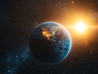 Fototapeta premium Earth cradled in an orbital embrace, Sun flaring brilliantly in the background Earth Sun Orbit, cosmic nurturing