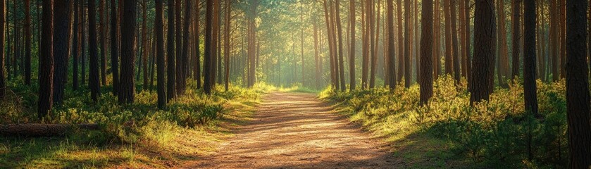 Obraz premium A tranquil forest path bathed in soft morning light, inviting wanderers to explore its serene beauty.