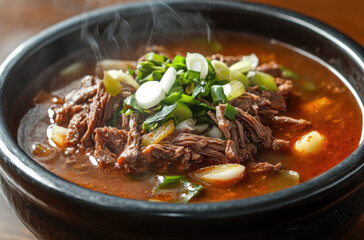 A steaming bowl of spicy Korean yukgaejang beef soup with bold flavors
