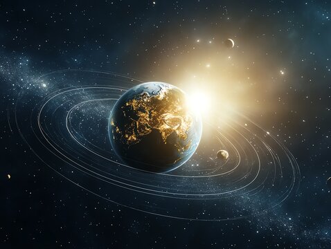 Earth in a precise orbital alignment, Suns light piercing the vastness of space Earth  Sun  Orbit, astronomical precision