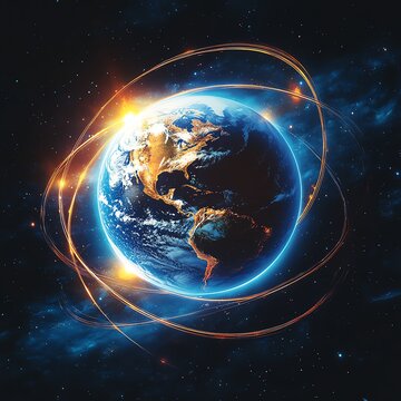 Earths rotation in perfect synchronicity with the Sun, orbit lines emphasizing balance Earth  Sun  Orbit, cosmic synchronization