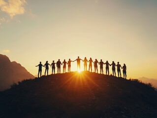 team-feeling concept, panorama view of group of people holding hands on hiking hill, silhouette - ai