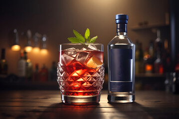 Negroni cocktail in crystal glass with orange slice and fresh raw oranges on chopping board with strainer on wooden background.
