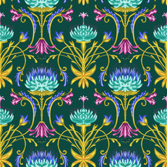 Watercolor pattern with abstract blooming artichokes in damask style. Hand drawn endless background for fabric and wallpaper in boho and folk style.