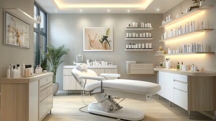 A sleek and contemporary beauty salon interior featuring a cosmetic treatment room equipped with a facial steamer.
