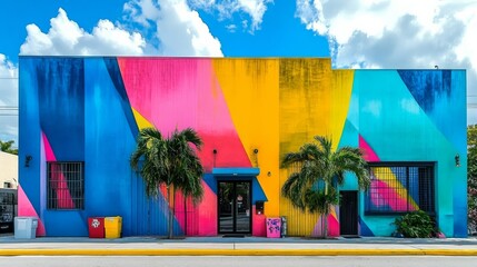 The colorful exterior mural of blue, yellow, pink, and green enhances the architectural landscape of Wynwood, Miami.