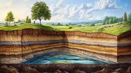 A geological cross-section showcases layered moist soil aquifers and subterranean water tables.