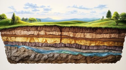 A geological cross-section showcases layered moist soil aquifers and subterranean water tables.