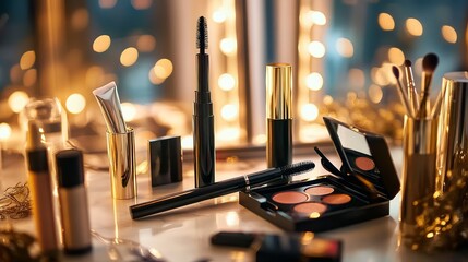 A modern black mascara wand sits on a busy vanity strewn with makeup products, highlighted by a warm golden glow.