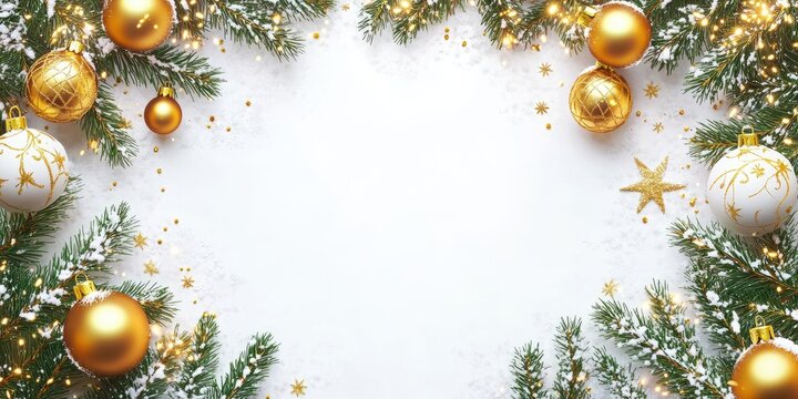 New year festive background with golden ornaments and evergreen branches for menu design