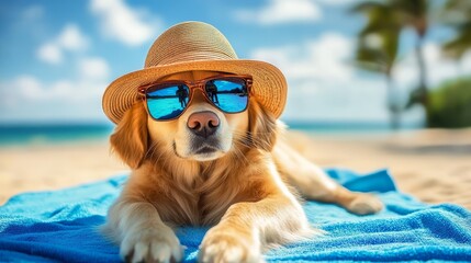 Cute golden retriever puppy adorned with trendy shades and a stylish hat enjoys lounging on a colorful blue beach towel on a sunny summer day.
