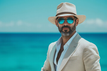 man wearing a white suit and hat is standing on a rocky beach. He is wearing sunglasses. 