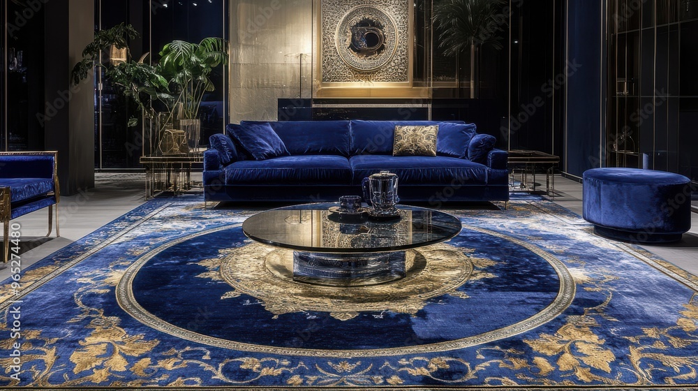 Poster luxurious venetian brocade pattern in deep blue and gold with elegant display showcase in a sophisti