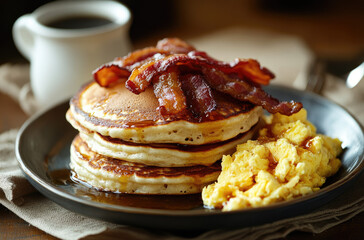American breakfast platter with fluffy pancakes, crispy bacon, and scrambled eggs