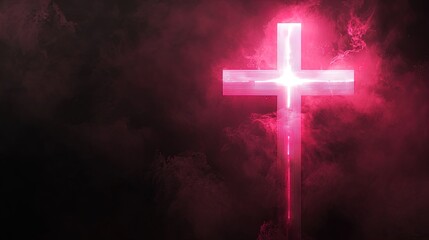 Fototapeta premium Bold Pink Cross Illuminates Dark Space: Perfect Poster for Sports Interiors, Creating a Powerful Visual Presence with Luminescent Halo Effect Against Smoky Backdrop