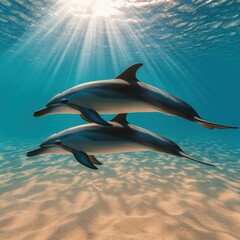 Fototapeta premium Serene Underwater Scene with Dolphins Playing in Sunlight Copy Space Selective Focus