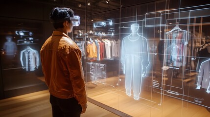 A futuristic shopping experience where customers interact with virtual assistants and try on clothes through augmented reality