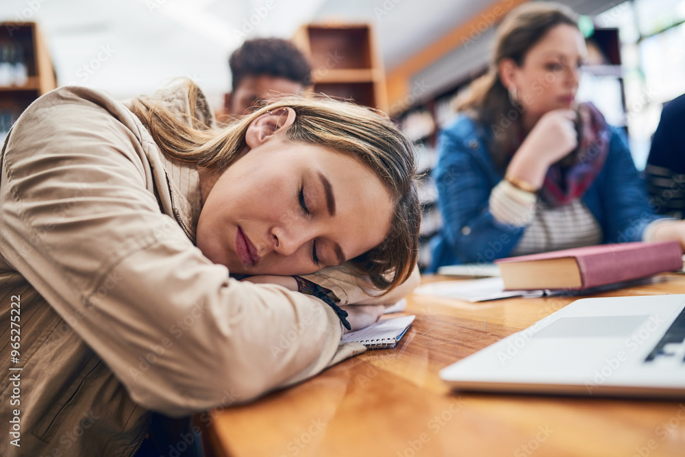 Poster woman, student and sleep at college with group, burnout and tired with books, tech and education in 