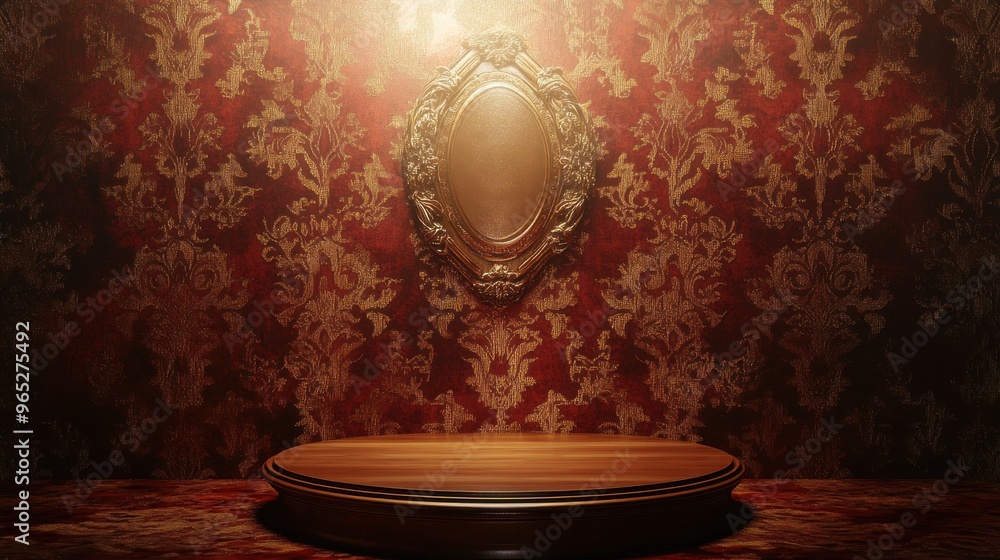 Poster luxurious venetian damask pattern in deep red with a wooden box on a table setting, capturing elegan
