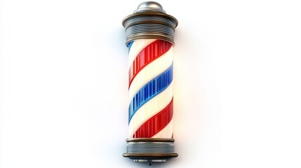 Eye-catching barber pole showcases an iconic rotating light cylinder adorned with colorful striped patterns, positioned on a bright white background.