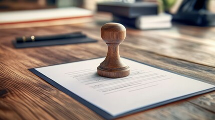 Macro shot of a wooden desk highlighting a certificate document with a stamped approval, representing confirmation of agreement success.