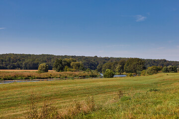 Weite Flussauen der Mulde mit saftigen Wiesen und bewaldetem Uferhang im Muldental bei sommerlichem Wetter, H&ouml;fgen bei Grimma, Landkreis Leipzig, Sachsen, Deutschland
