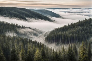 high angle view of pine tree forrest with mist