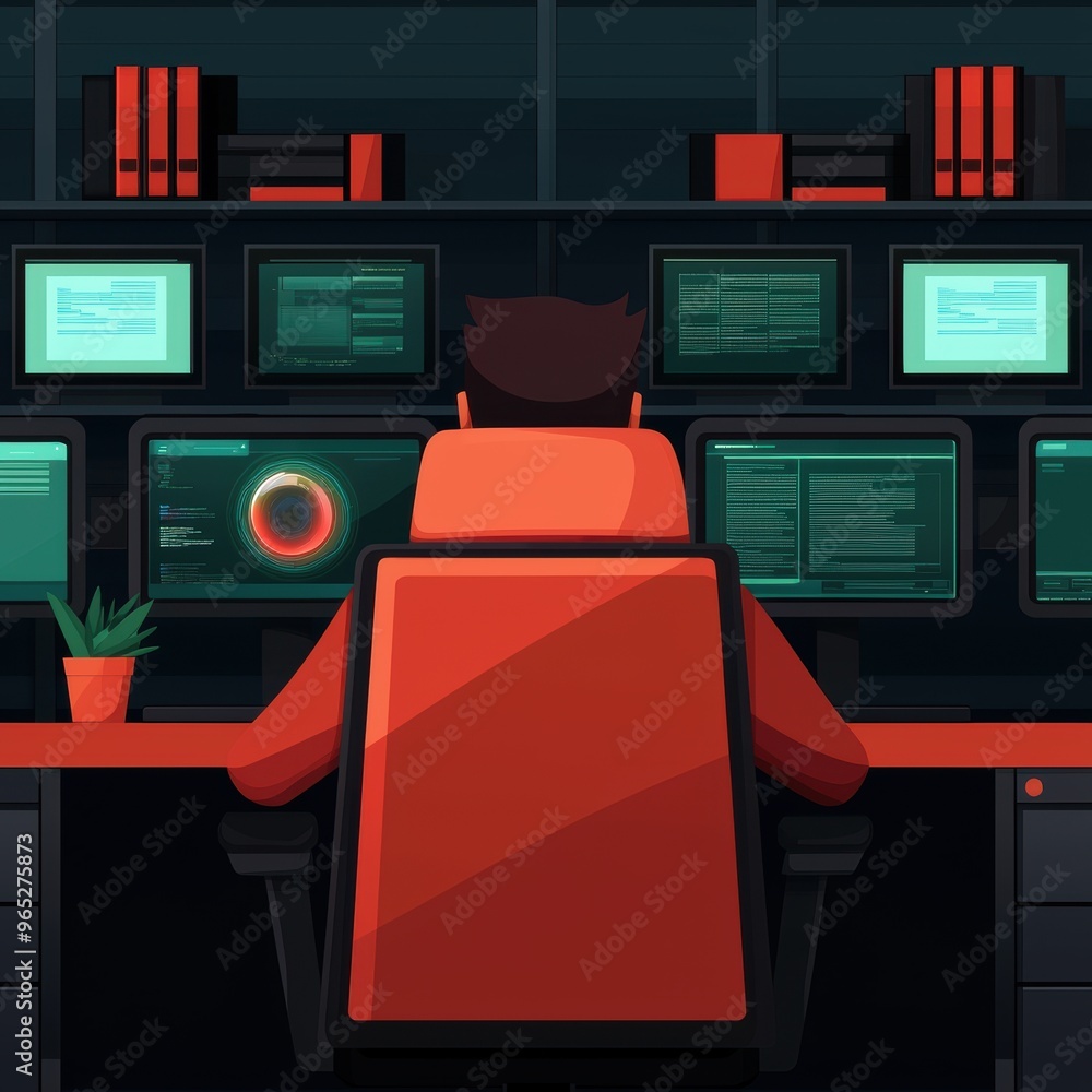 Aufkleber futuristic hackers den with monitors and holographic displays - for technology concepts.