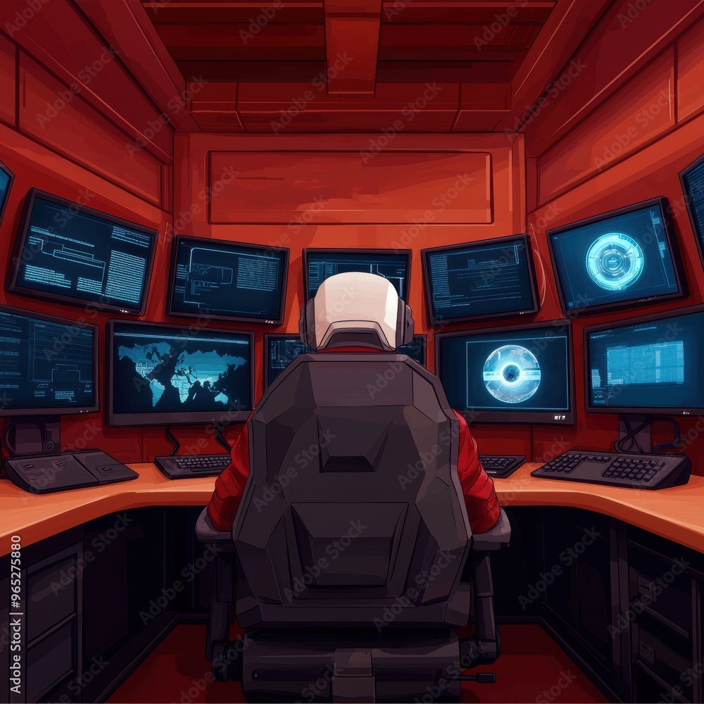 Poster futuristic hacker's den with monitors and holographic displays - digital with copy space for text