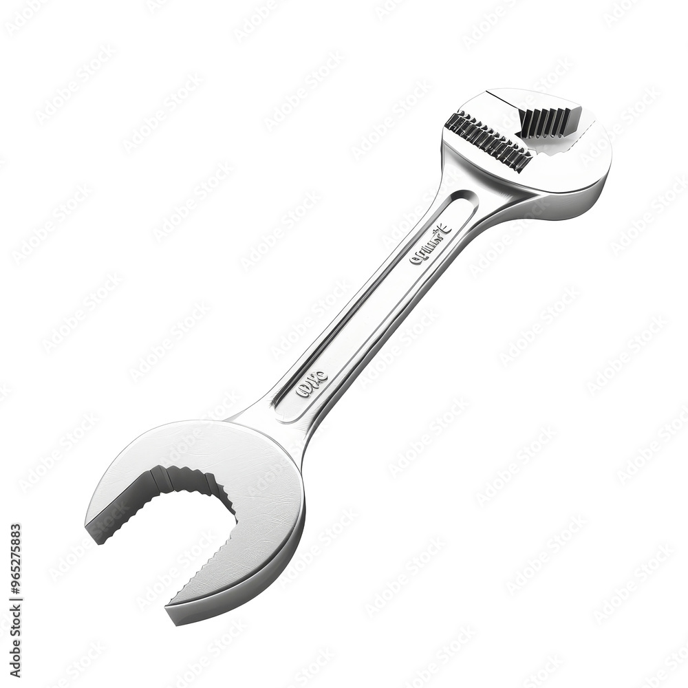 Poster a close-up view of a shiny adjustable wrench resting on a clean surface, showcasing its useful desig