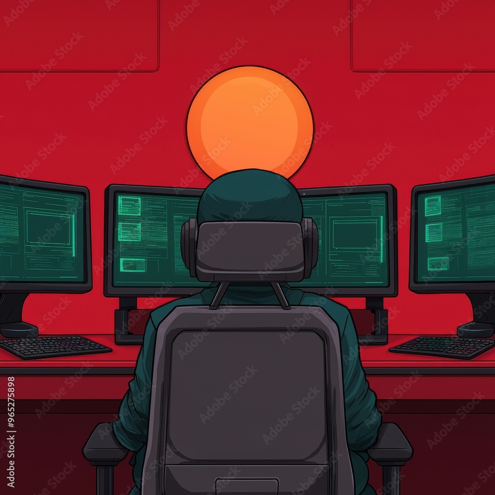 Poster futuristic hackers den with monitors and holographic displays in - digital with copy space and selec