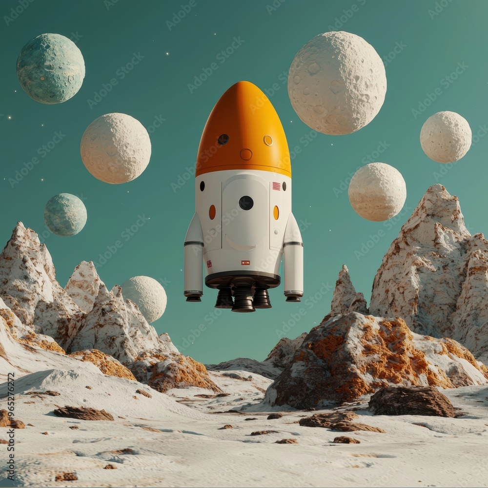 Poster intriguing spacecraft landing on multi-mooned planet with selective focus and copy space for text