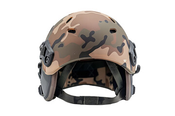 Fototapeta premium Military helmet with camouflage pattern, protective headgear for soldiers. Isolated on a transparent background