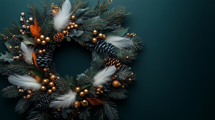 A stylish modern Christmas wreath made of dark green pine branches, white feathers, and golden ornaments, against a dark green background