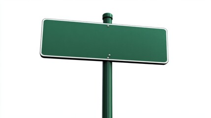 Empty blank green road sign on a sturdy metal pole isolated on white background