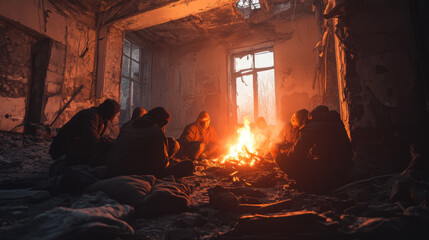 Soldiers Gather Around Fire in Ruined Building