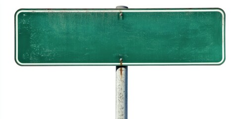 Empty blank green road sign on a sturdy metal pole isolated on white background