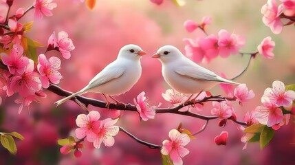 Fototapeta premium Graceful white birds with intricate feather patterns rest calmly on a branch surrounded by vivid pink blooms in a tranquil environment.