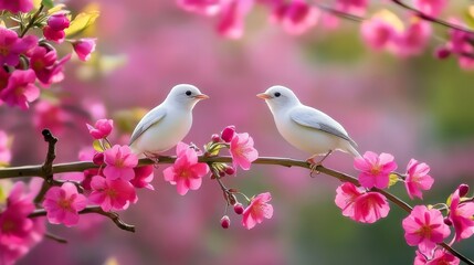 Graceful white birds with intricate feather patterns rest calmly on a branch surrounded by vivid pink blooms in a tranquil environment.