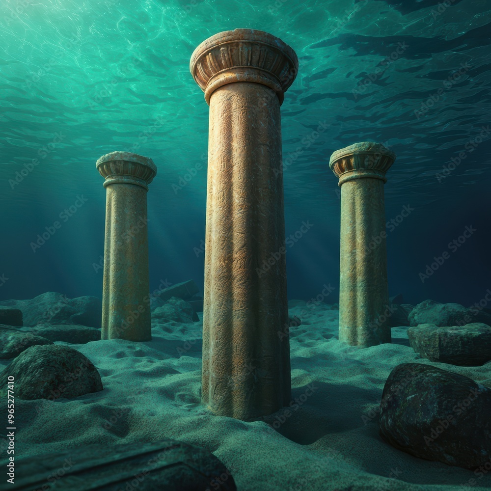 Poster diving into history: underwater archaeological dig unveiling ancient artifacts with copy space, sele