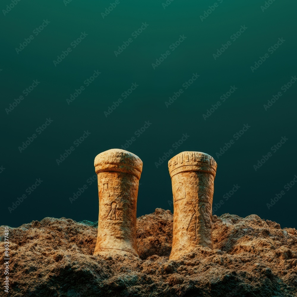 Poster underwater archaeological dig unveiling ancient artifacts - with copy space and selective focus in