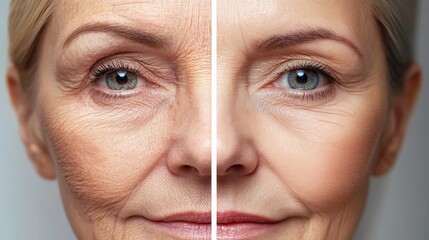 Compelling before-and-after visual highlighting the transformation from deep wrinkles and fine lines to a smooth, glowing appearance post-treatment.