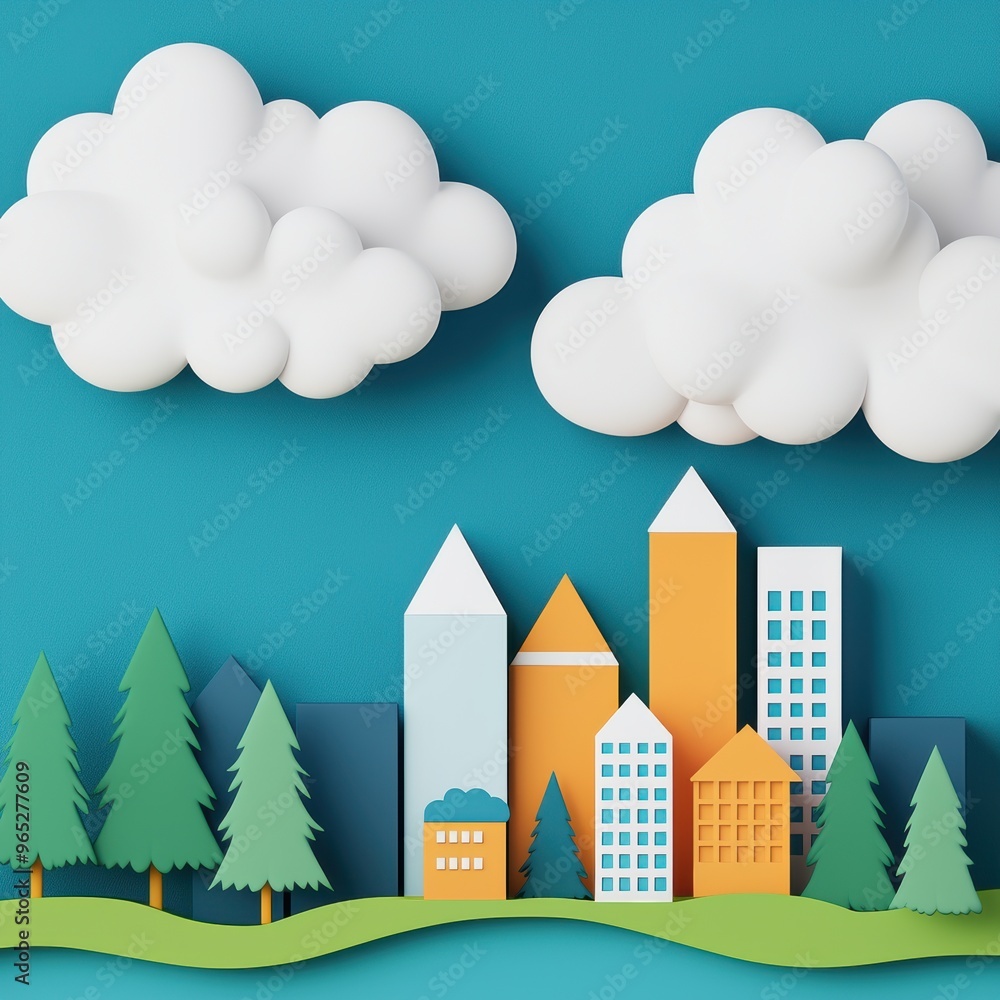 Poster futuristic cityscape with flowing clouds - with copy space and selective focus in