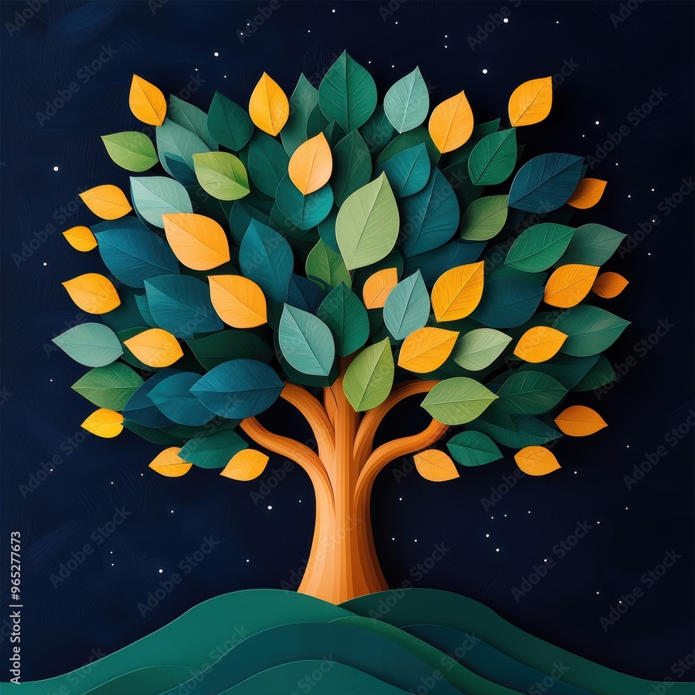 Poster enchanted tree with illuminated floating leaves in the night sky - with copy space and selective foc
