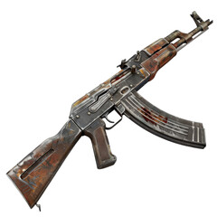Detailed view of a weathered AK-47 rifle laid on a transparent background showcasing its unique markings and wear over time