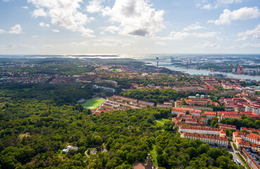 Gothenburg, Sweden. Elvsborgsbrunn Bridge. Panorama of the city in summer in cloudy weather. Aerial view