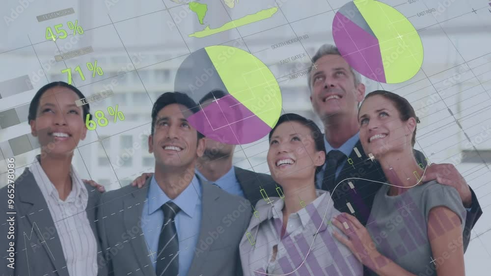 Poster animation of financial data processing over diverse colleagues looking up in office