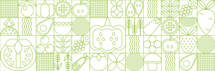 Bauhaus vegetable abstract. Geometric line drawing. Vegetables and fruits seamless pattern bauhaus. Natural flower plant with simple shape, abstract eco farming concept. Vector minimal banner
